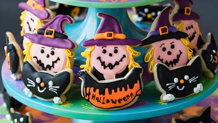 Display of Halloween Cookies Shaped Like Witches and Black Cats
