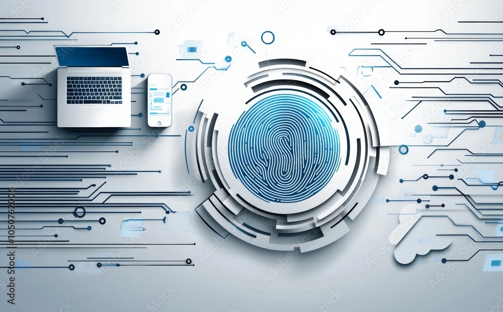 Poster the concept of cloud security and data protection, featuring icons of mobile devices, digital padloc