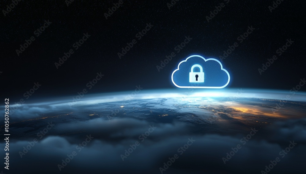 Poster glowing blue cloud with a padlock icon floating above it on a dark background, symbolizing security 