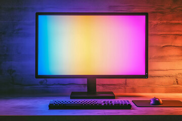 Blank mockup of a monitor in a gaming setup with colorful LED lights