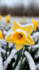 vibrant daffodil flower emerges from snowy landscape, showcasing its bright yellow petals kissed by frost. contrast of delicate petals against cold snow creates striking visual © Naree