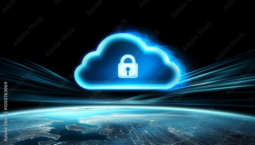 Aufkleber glowing blue cloud with a padlock icon floating above it on a dark background, symbolizing security 