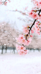 Blossoming sakura flowers covered in soft snow create serene winter scene, showcasing delicate pink petals against snowy backdrop