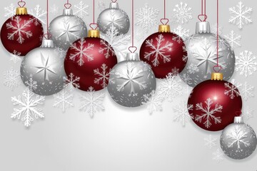 Elegant Red Silver Christmas Ornaments Snowflakes - Festive Holiday Decorations Marketing, Cards, Seasonal Celebrations