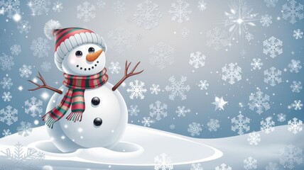 Fototapeta premium Cheerful Cartoon Snowman Winter Wonderland Red White Hat - Perfect Christmas Marketing, Holiday Graphics, Festive Greeting Cards