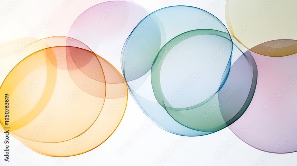 Aufkleber A dynamic composition of overlapping transparent circles in various hues against a plain white backdrop, Symbolizing transparency and diversity, photography style
