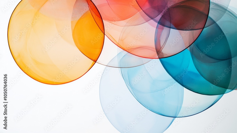 Poster a dynamic composition of overlapping transparent circles in various hues against a plain white backd