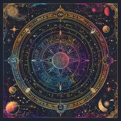 Fototapeta premium Intricate zodiac wheel design with astrological symbols set against a cosmic background