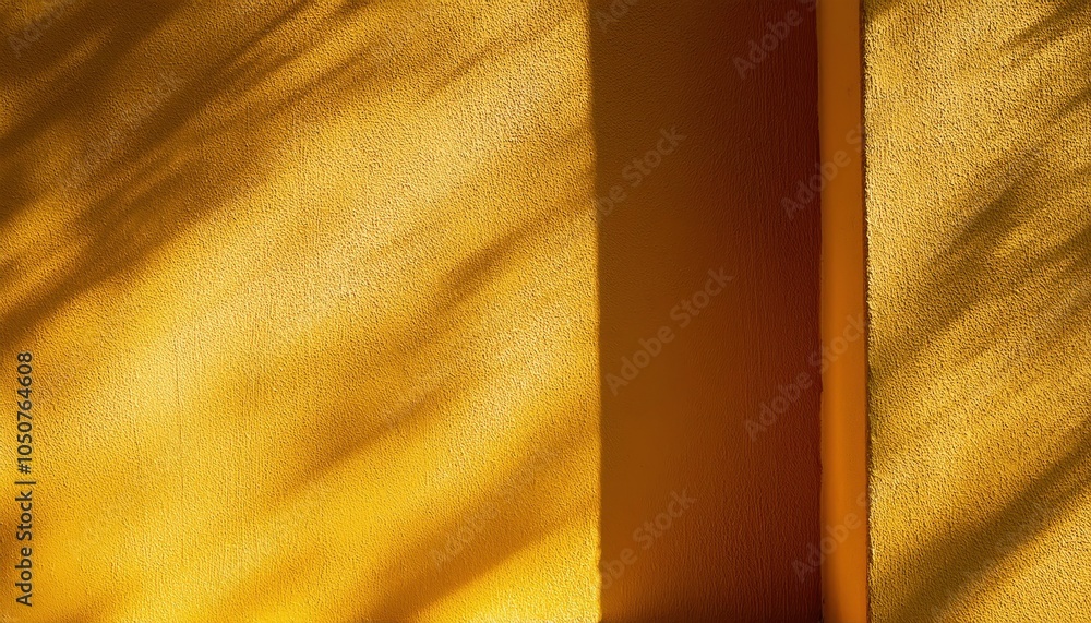 Poster warm golden wall with diagonal sunlight and shadows, minimalist textured background for design and m