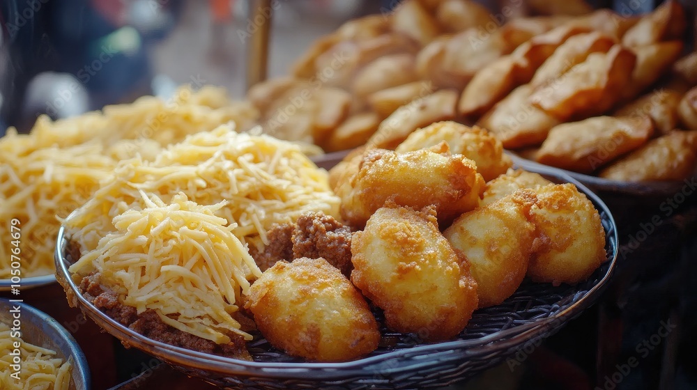 Wall mural close-up of amagwinya (south african fried dough) served with a side of mince and cheese at a street