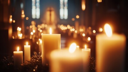 Candles burning in christmas church composition background 