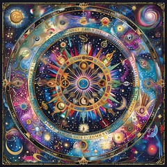 Naklejka premium Intricate zodiac wheel design with astrological symbols against a cosmic background