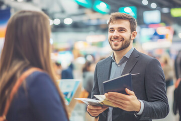 Fototapeta premium Business trip. Handsome young businessman in suit holding his passport and talking to woman at airline check in counter in the airport
