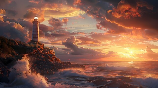 Coastal lighthouse standing on a rocky cliff with waves crashing at sunset