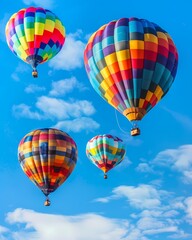 Fototapeta premium Colorful hot air balloons floating in a bright blue sky with fluffy clouds