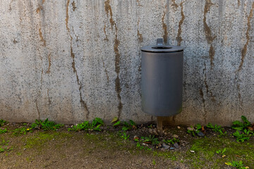 Obraz premium A gray trash can stands against a textured wall, with green plants growing at its base