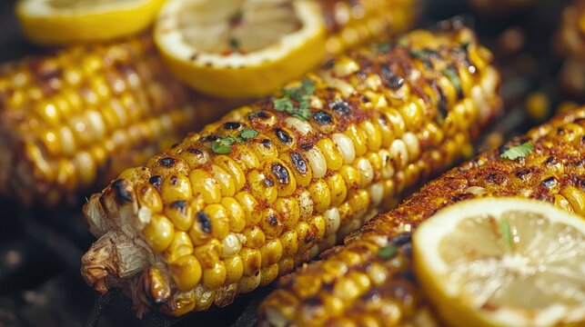 Close-up of bhutta (grilled corn) coated with lemon and spices, freshly roasted from a street vendor in India.