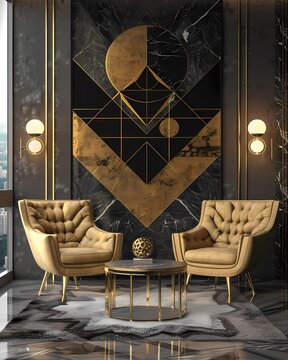 Art deco inspired luxury interior with geometric gold and black wall design and tufted armchairs