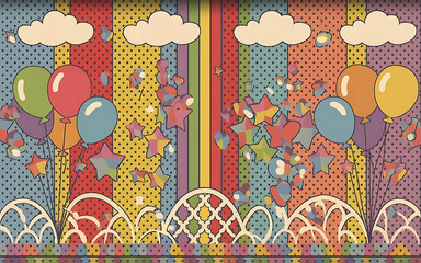 Retro Colorful Balloons and Stars Pattern Background for Birthday Party Design   