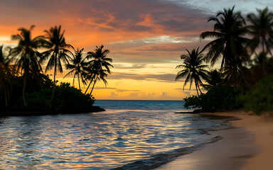 Silhouettes of palm trees against a vibrant orange and blue sunset over a tranquil tropical beach   