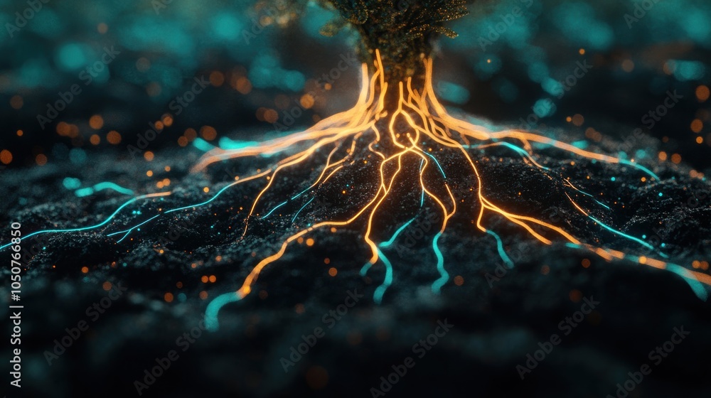 Poster a vibrant depiction of a tree's roots, illuminated with glowing lines in a dark environment.