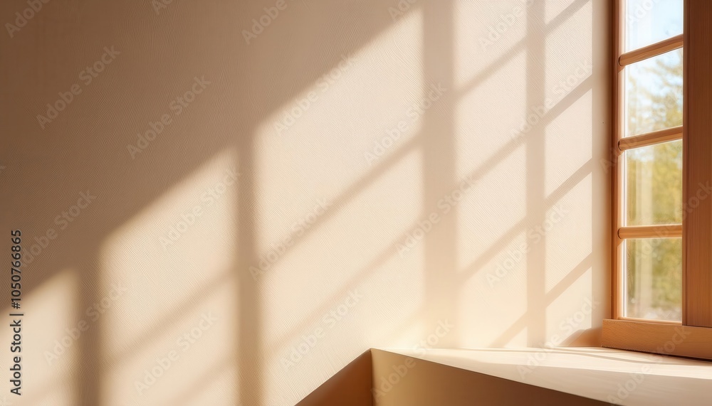 Poster Sunlit Textured Wall Background with Soft Shadows Through Window. Perfect for Minimalist Design Concepts, Interior Decor Themes, or Calm Ambient Backdrops for Product Photography