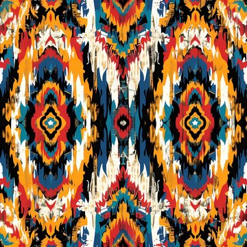 seamless ethnic pattern with vibrant colors and symmetrical abstract shapes in a distressed style