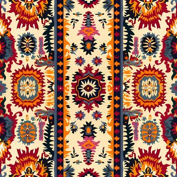 seamless ethnic pattern with vibrant colors and symmetrical floral motifs