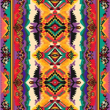 seamless ethnic pattern with vibrant colors and symmetrical geometric designs
