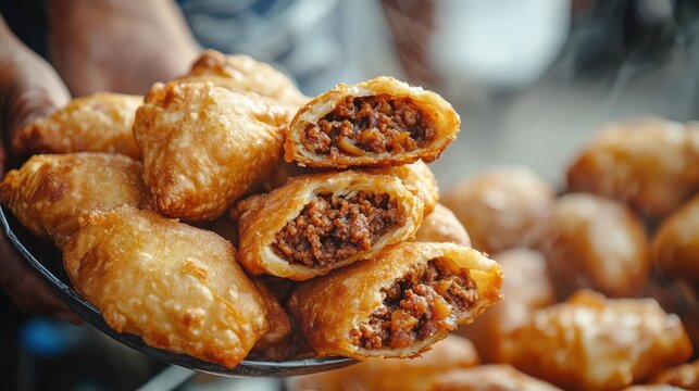Close-up of fried vetkoek stuffed with minced beef and chutney, served hot from a South African street vendor, emphasizing its crispy exterior and soft filling.