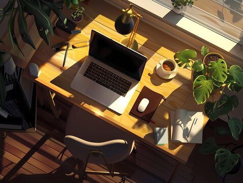 top-down view of modern workspace with laptop, plants, and coffee on a sunlit desk