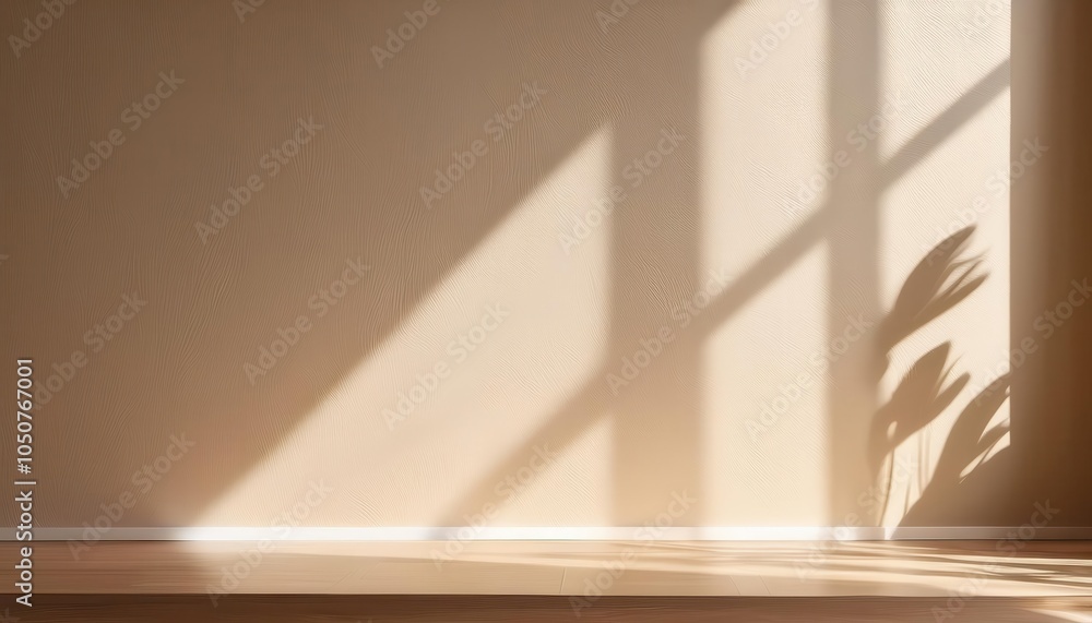 Aufkleber Sunlit Textured Wall Background with Soft Shadows Through Window. Perfect for Minimalist Design Concepts, Interior Decor Themes, or Calm Ambient Backdrops for Product Photography