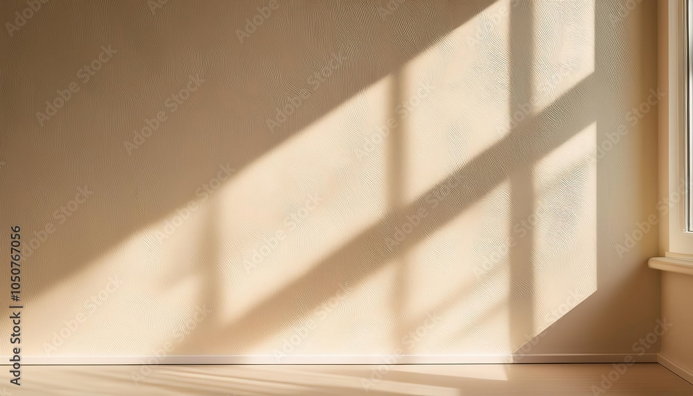 Poster Sunlit Textured Wall Background with Soft Shadows Through Window. Perfect for Minimalist Design Concepts, Interior Decor Themes, or Calm Ambient Backdrops for Product Photography