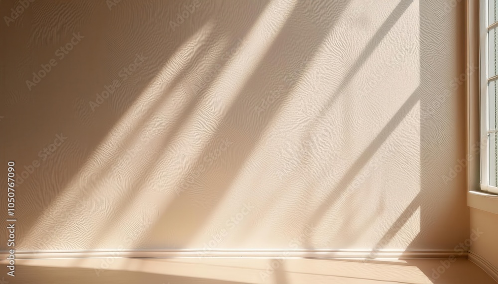Aufkleber Sunlit Textured Wall Background with Soft Shadows Through Window. Perfect for Minimalist Design Concepts, Interior Decor Themes, or Calm Ambient Backdrops for Product Photography