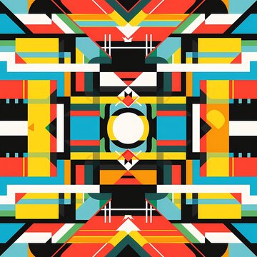 abstract geometric pattern with bold shapes and vibrant colors in symmetrical design