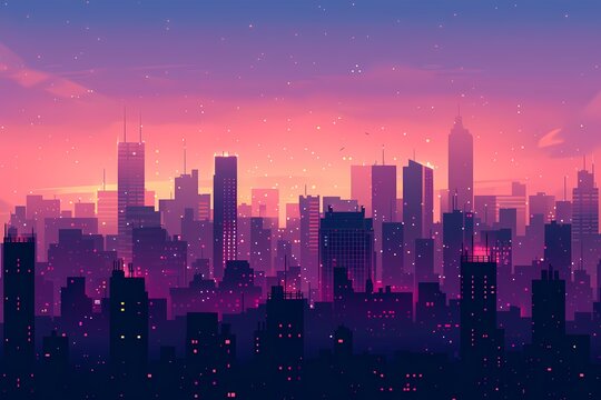 minimalistic cityscape with modern skyscrapers at dusk with vibrant sunset colors