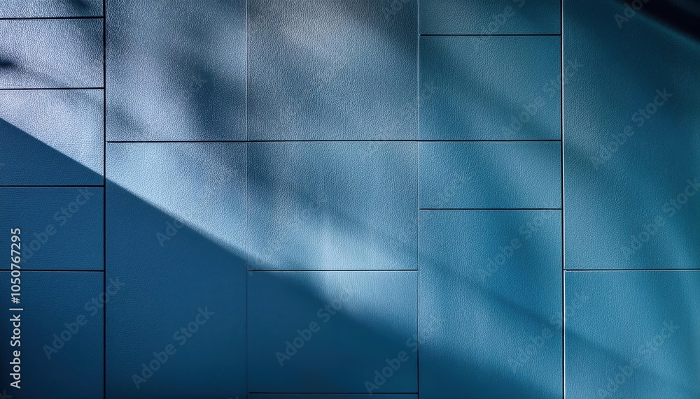 Poster abstract textured blue wall with diagonal shadows from sunlight through window, minimalist backgroun