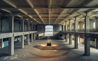 Naklejka premium Industrial interior design concrete grey and light brown abandoned warehouse empty space post-apocalyptic urban exploration 