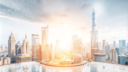 Panoramic view of a modern city skyline with skyscrapers, sunrise, and clear blue sky.