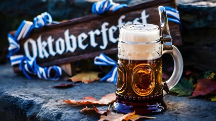 Frothy beer stein on stone with Oktoberfest sign and evening autumn leaves
