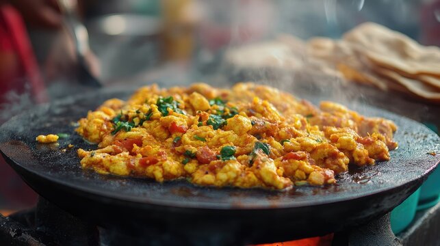 Close-up of spicy anda bhurji (scrambled eggs) cooked on a flat griddle and served with pav, fresh from an Indian street vendor.