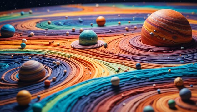 A dreamlike intergalactic map crafted from colorful plasticine, showcasing fantastical planets and star systems that invite exploration and adventure, Generative AI