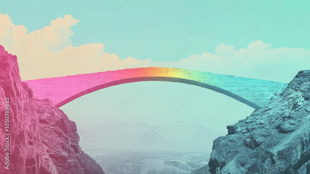 Aufkleber A dynamic scene of a rainbow-colored bridge spanning across a chasm, connecting two contrasting landscapes, Symbolizing the connection and support provided by diversity and inclusion efforts