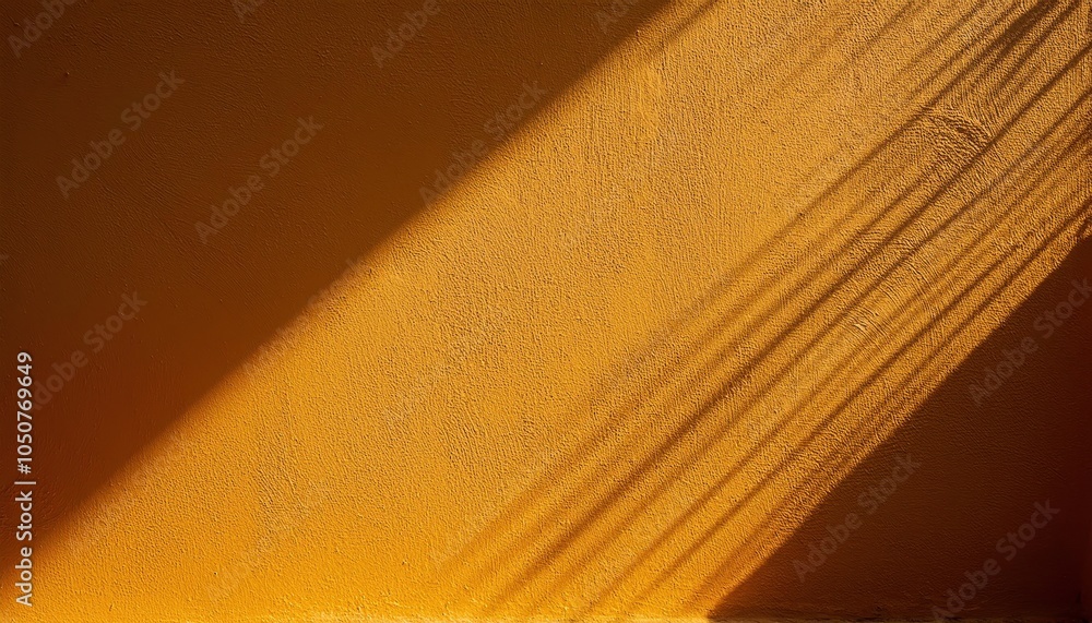 Poster warm golden wall with diagonal sunlight and shadows, minimalist textured background for design and m