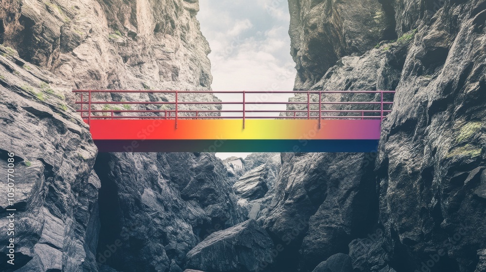 Aufkleber A dynamic scene of a rainbow-colored bridge spanning across a chasm, connecting two contrasting landscapes, Symbolizing the connection and support provided by diversity and inclusion efforts