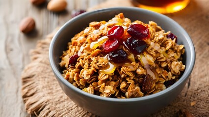 Fototapeta premium Pumpkin spice granola bowl with cranberries and honey on rustic surface