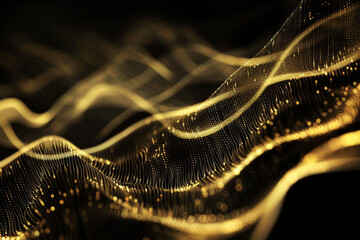 Illustration of golden wave of delicate particle lines with luminous effects on black background