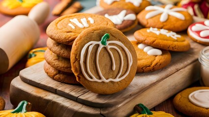 Festive pumpkin spice cookie with icing on wooden cutting board