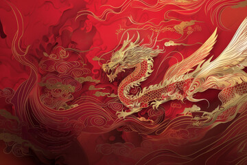 Illustration of majestic golden dragon on vibrant red background with flowing lines. Chinese new year concept.