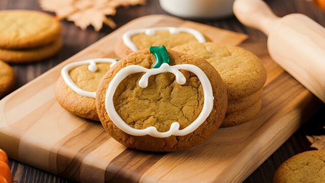 Festive pumpkin spice cookie with icing on wooden cutting board